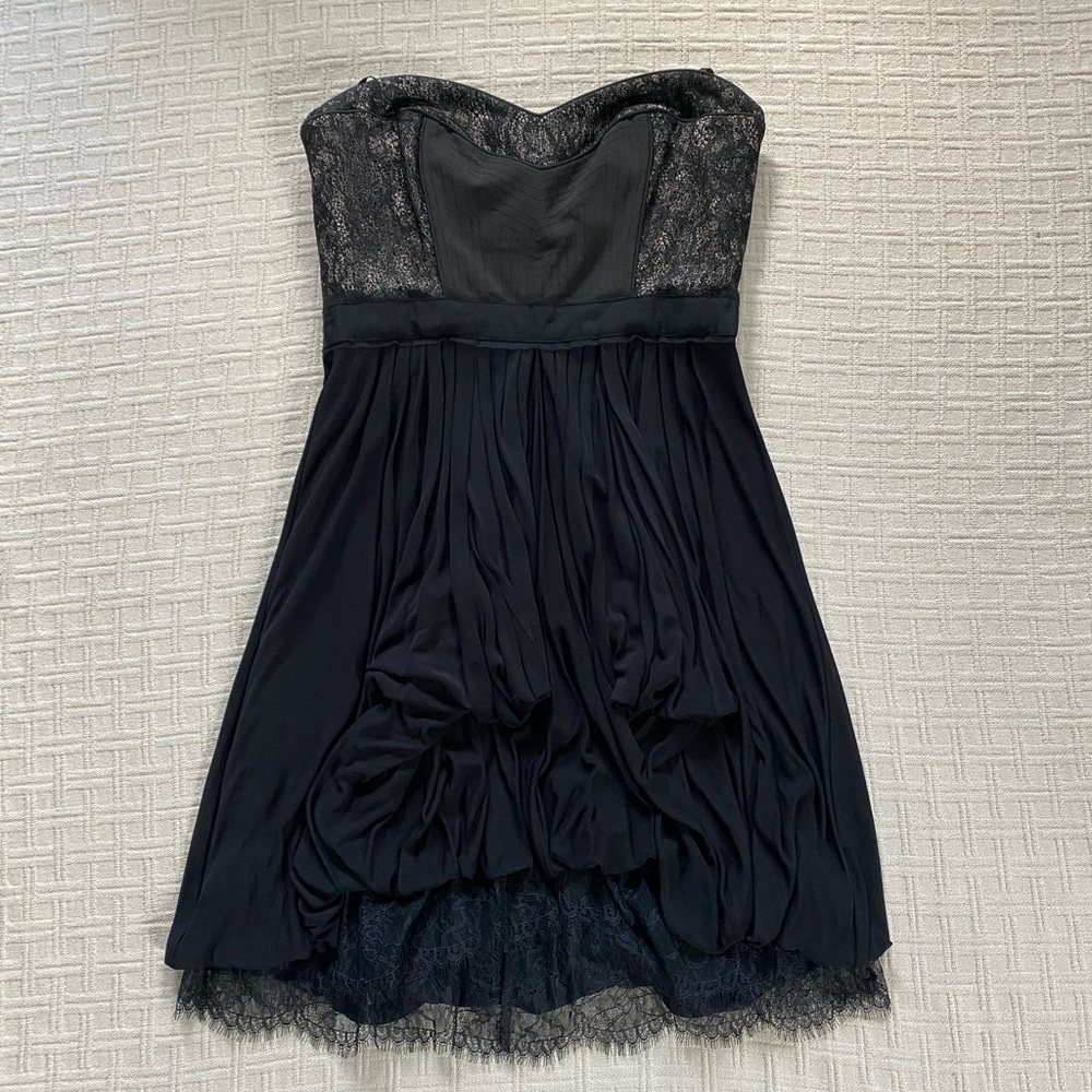 BCBG black & gold lace draped whimsigoth formal strapless dress size S